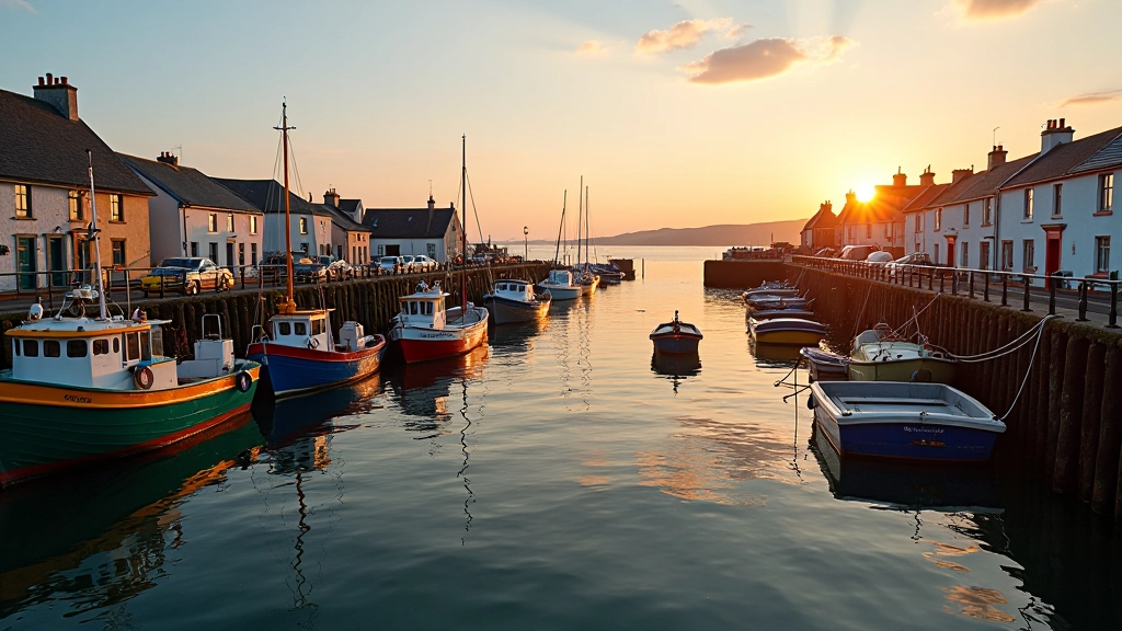 Ballycotton harbour with colorful fishing boats and calm waters, golden hour light, peaceful coastal village atmosphere
