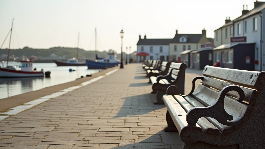Wide angle view of entire Ballycotton harbour with multiple benches visible along the waterfront, colorful fishing boats, and coastal village buildings in afternoon light