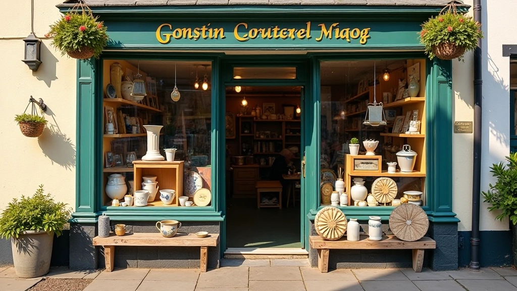 Village street corner with shop windows displaying local crafts and goods, golden afternoon light, charming storefront details