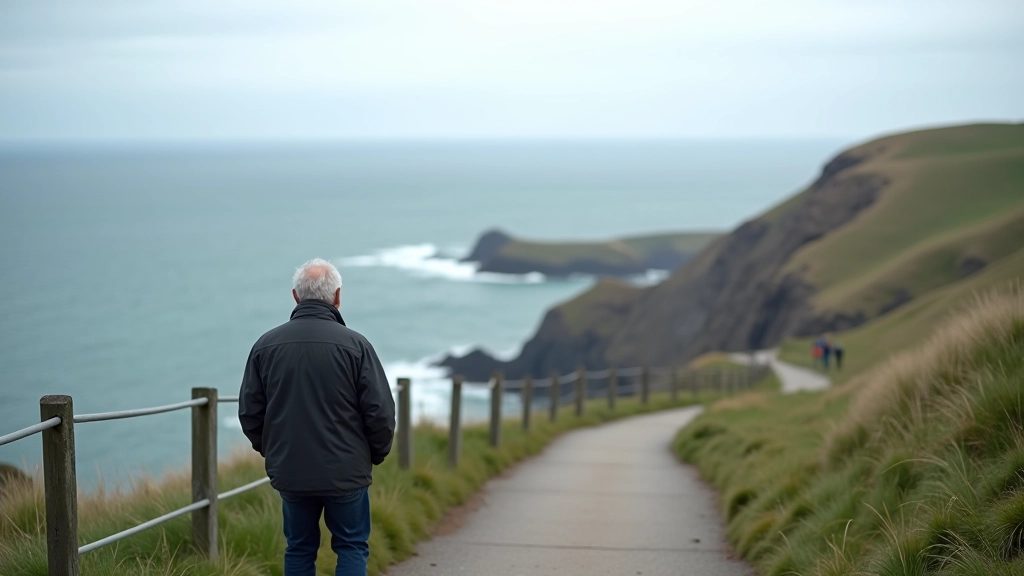Person standing on cliff pathway looking out to sea, back view, safety railings visible