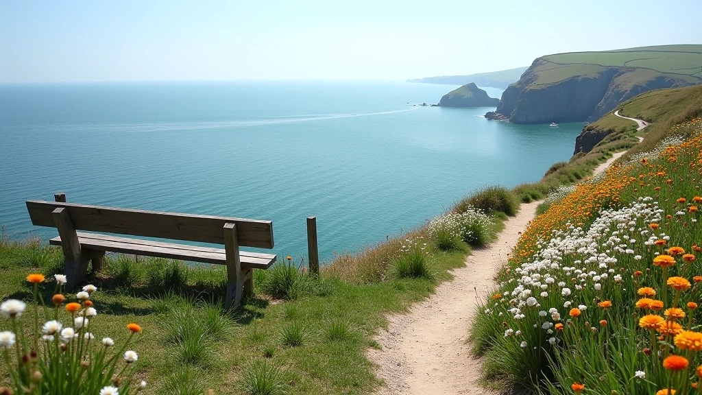 Dramatic cliff top path with safety railings overlooking the Irish Sea, wildflowers blooming along trail