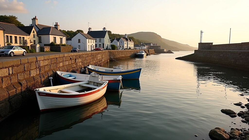 Sheltered harbour with traditional fishing boats and stone pier walls, calm water reflecting boats