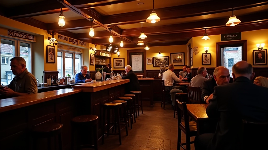 Traditional Irish pub interior with wooden bar, warm amber lighting, local diners at tables, welcoming atmosphere