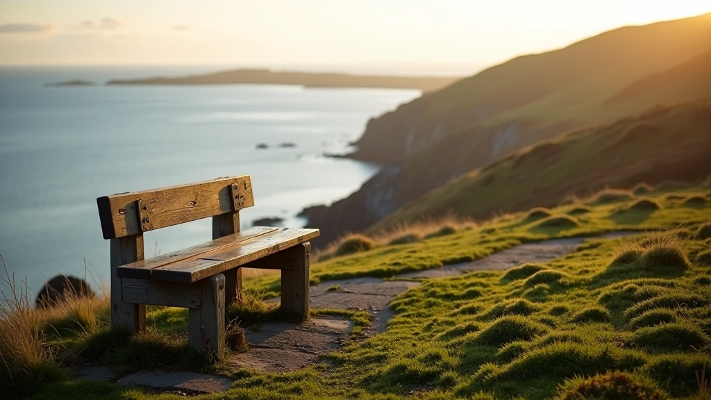 Weathered harbour bench overlooking Ballycotton bay, sea cliffs in distance, perfect rest stop for walkers, peaceful coastal view