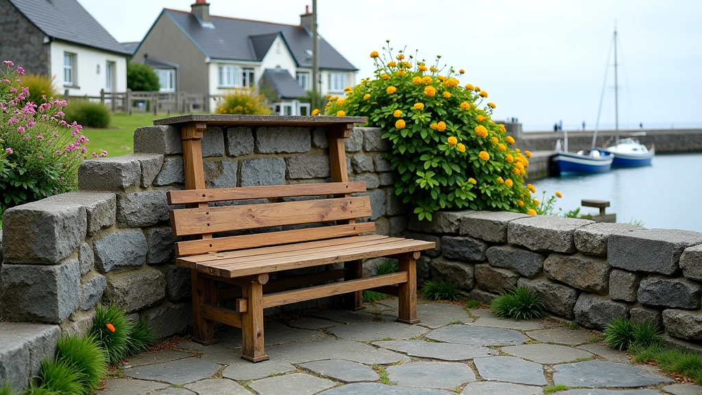 Sheltered wooden bench in a small stone alcove on the harbour wall, with flowering plants nearby and a view of traditional boats, soft overcast light