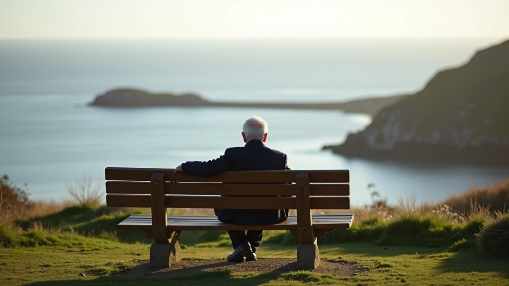 Wooden bench overlooking the Irish Sea with person sitting peacefully, seagulls in distance